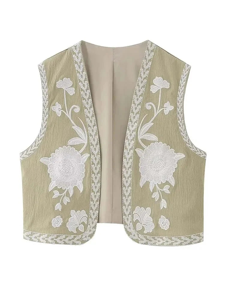 Vests- Artisanal Embroidered Cropped Waistcoat - Women Vintage Vest- Khaki- IndioGear.com