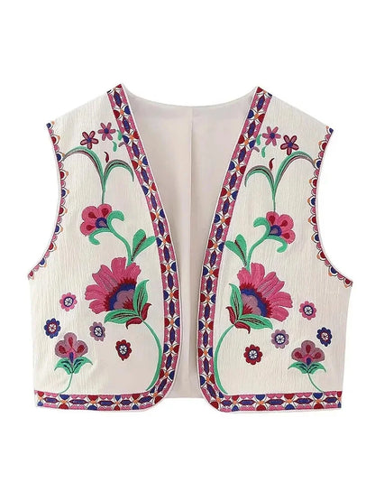 Vests- Artisanal Embroidered Cropped Waistcoat - Women Vintage Vest- Red Pink- IndioGear.com