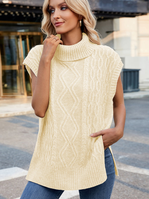 Vests- Cable Knit Turtleneck Vest Sweater Jumper with Side Slits- - IndioGear Women Clothing