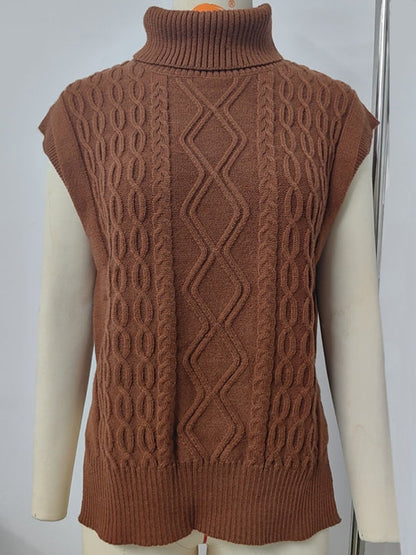 Vests- Cable Knit Turtleneck Vest Sweater Jumper with Side Slits- - IndioGear Women Clothing