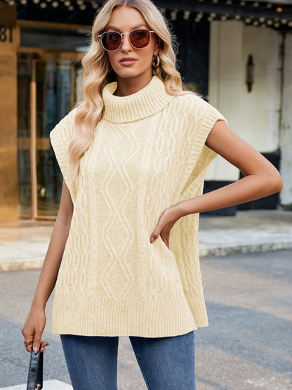 Vests- Cable Knit Turtleneck Vest Sweater Jumper with Side Slits- - IndioGear Women Clothing