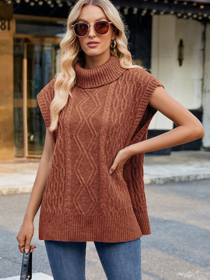 Vests- Cable Knit Turtleneck Vest Sweater Jumper with Side Slits- caramel- IndioGear Women Clothing