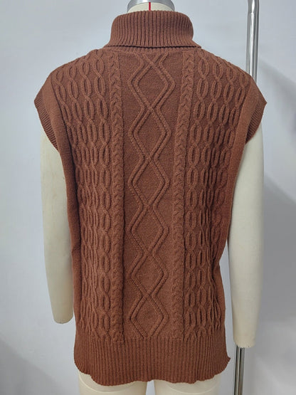 Vests- Cable Knit Turtleneck Vest Sweater Jumper with Side Slits- - IndioGear Women Clothing