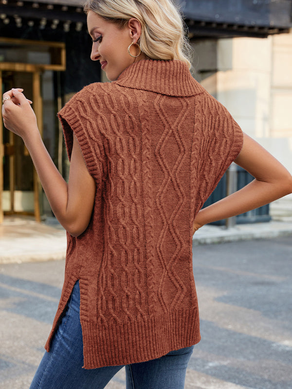 Vests- Cable Knit Turtleneck Vest Sweater Jumper with Side Slits- - IndioGear Women Clothing