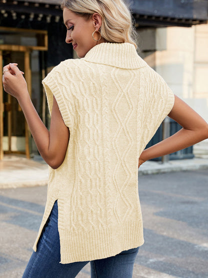 Vests- Cable Knit Turtleneck Vest Sweater Jumper with Side Slits- - IndioGear Women Clothing