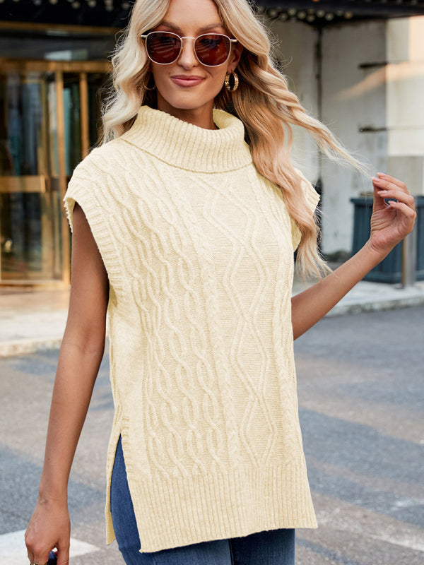 Vests- Cable Knit Turtleneck Vest Sweater Jumper with Side Slits- - IndioGear Women Clothing