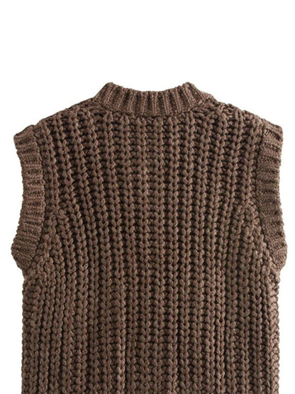 Vests- Chunky Knit Vest Casual Cable Cardigan- - IndioGear Women Clothing