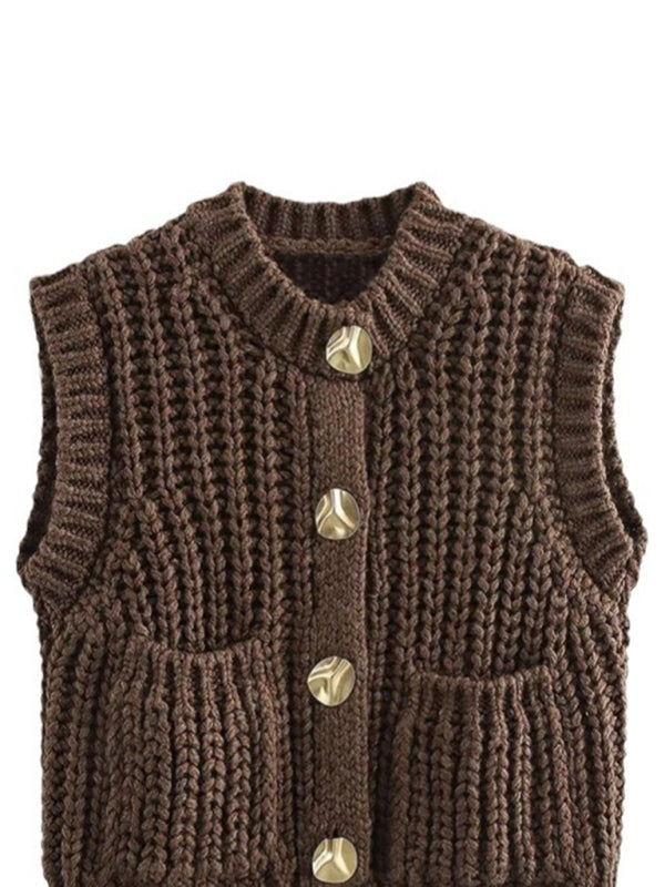 Vests- Chunky Knit Vest Casual Cable Cardigan- - IndioGear Women Clothing