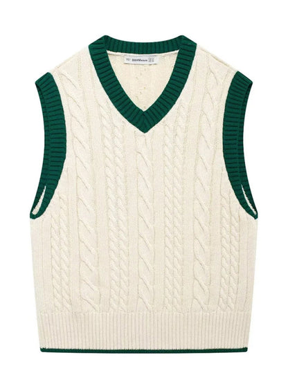 Vests- Contrast Trim Cable Knit Vest- - IndioGear Women Clothing