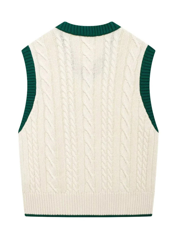 Vests- Contrast Trim Cable Knit Vest- - IndioGear Women Clothing