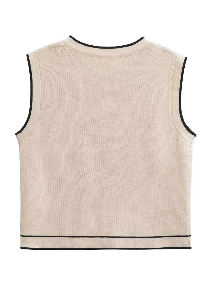 Vests- Dual-Tone Knit Vest Contrast Binding Crop Top- - IndioGear Women Clothing