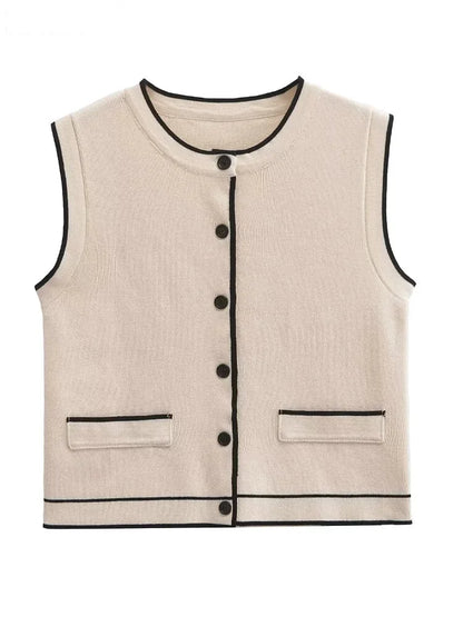 Vests- Dual-Tone Knit Vest Contrast Binding Crop Top- Beige- IndioGear Women Clothing