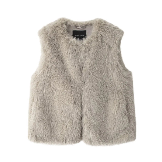 Vests- Faux Fur Vest Outerwear for Autumn Outings- Grey- IndioGear Women Clothing