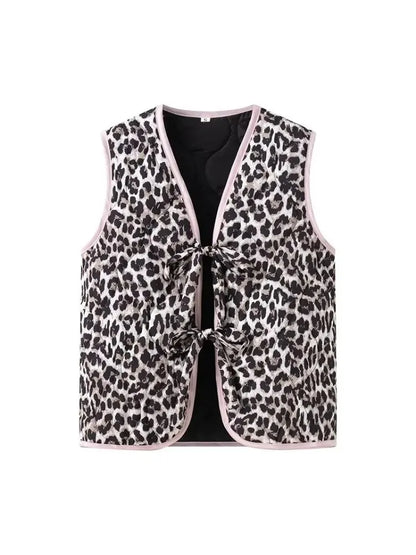 Vests - Frosted Leopard Print Girly Pink Trims French Cut Vest