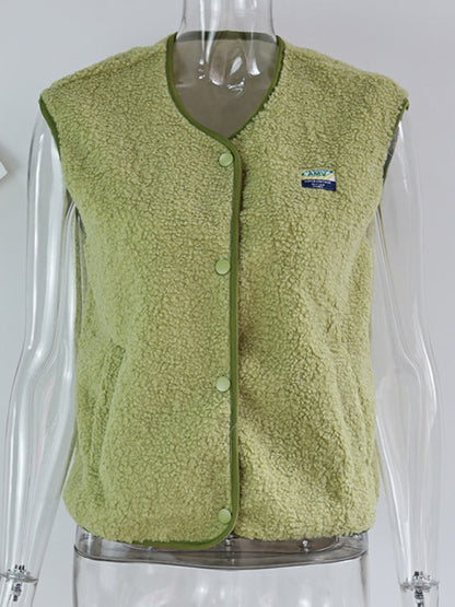 Vests- Green Fleece Vest Outdoor Sherpa Waistcoat- - IndioGear Women Clothing