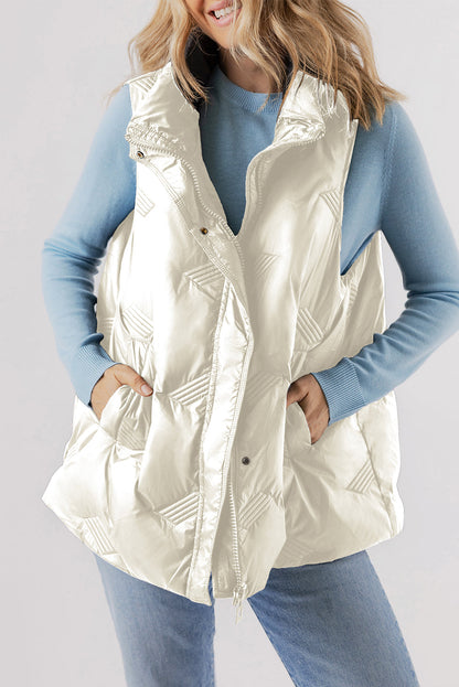 Vests- High-Neck Zip Quilted Vest – Essential Fall Layer- White- IndioGear Women Clothing