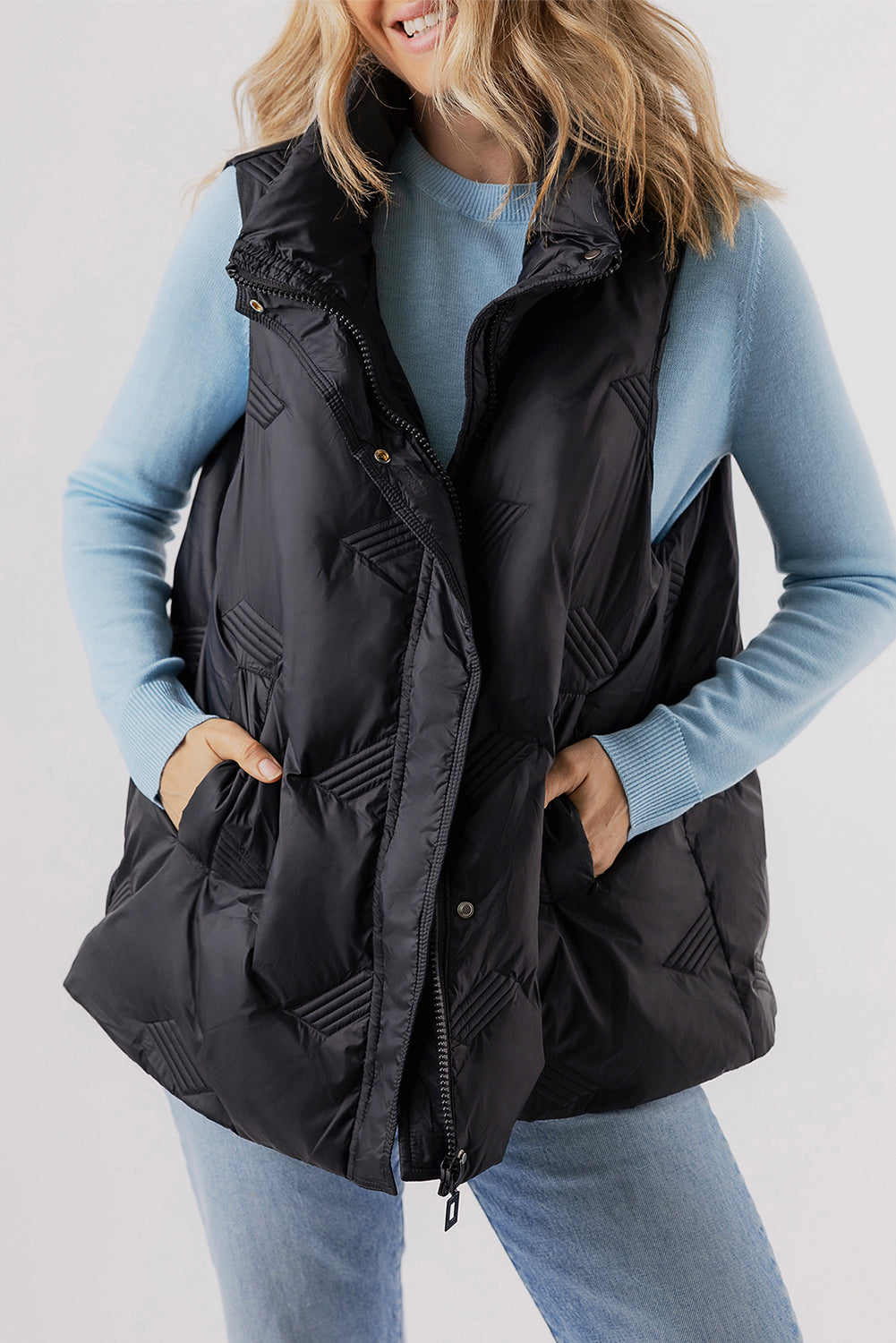 Vests- High-Neck Zip Quilted Vest – Essential Fall Layer- Black- IndioGear Women Clothing