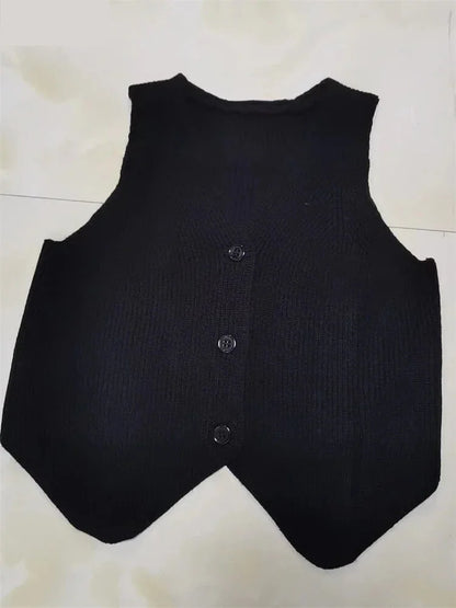 Vests- Knitting Sleeveless Top Vest for Elegant Layering Office Wear- Black- IndioGear.com