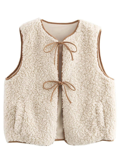 Vests- Sherpa Lined Tie-Up Vest- Cracker khaki- IndioGear Women Clothing