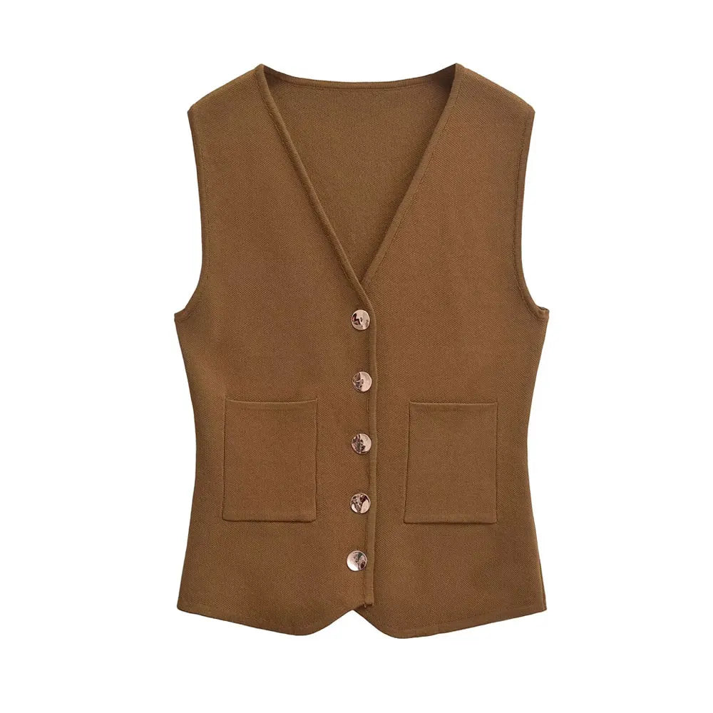 Vests- Tailored Sleeveless Top Workwear Textured Knit Vest- Terra Brown- IndioGear Women Clothing