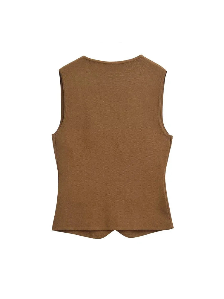 Vests- Tailored Sleeveless Top Workwear Textured Knit Vest- - IndioGear Women Clothing