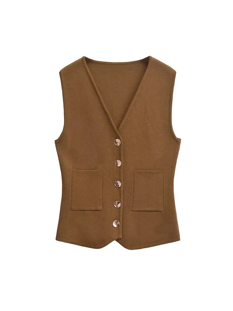 Vests- Tailored Sleeveless Top Workwear Textured Knit Vest- - IndioGear Women Clothing