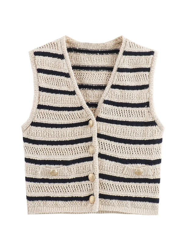 Vests Top- Women Striped Crochet Vest- - IndioGear.com