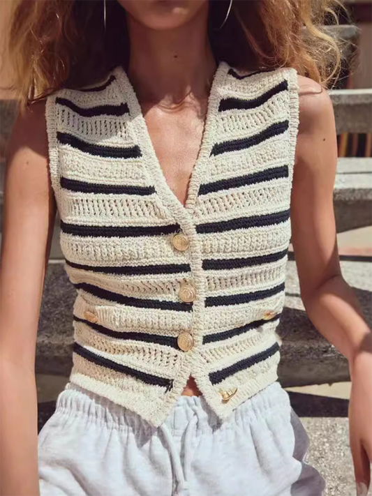 Vests Top- Women Striped Crochet Vest- Stripe- IndioGear.com