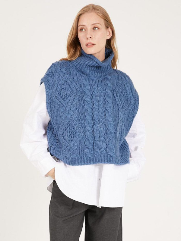 Vests- Turtleneck Cable-Knit Vest Sweater- Clear blue- IndioGear.com