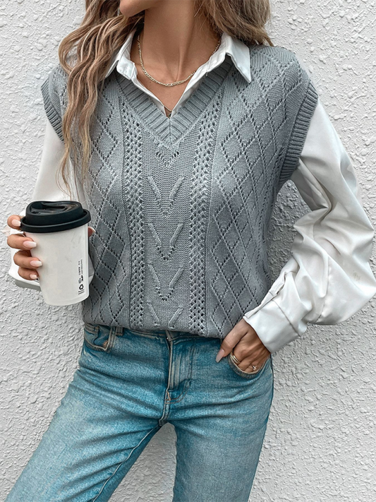 Vests- Women Academic Look Argyle Knit Vest Layering Piece- Misty grey- IndioGear.com