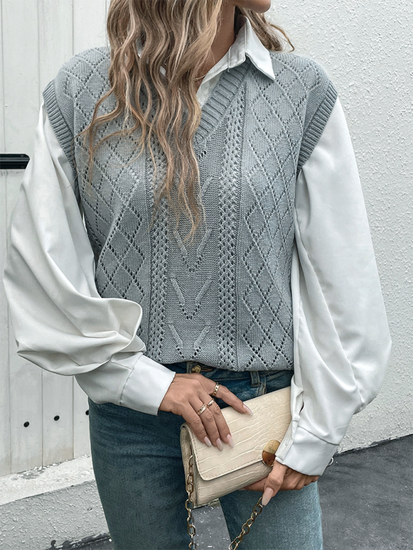 Vests- Women Academic Look Argyle Knit Vest Layering Piece- - IndioGear.com