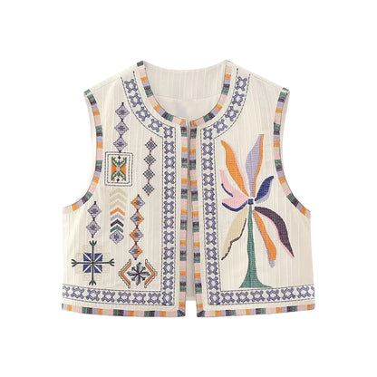 Vests- Women Boho Rhapsody Embroidered Vest Cropped Waistcoat- Beige- IndioGear.com