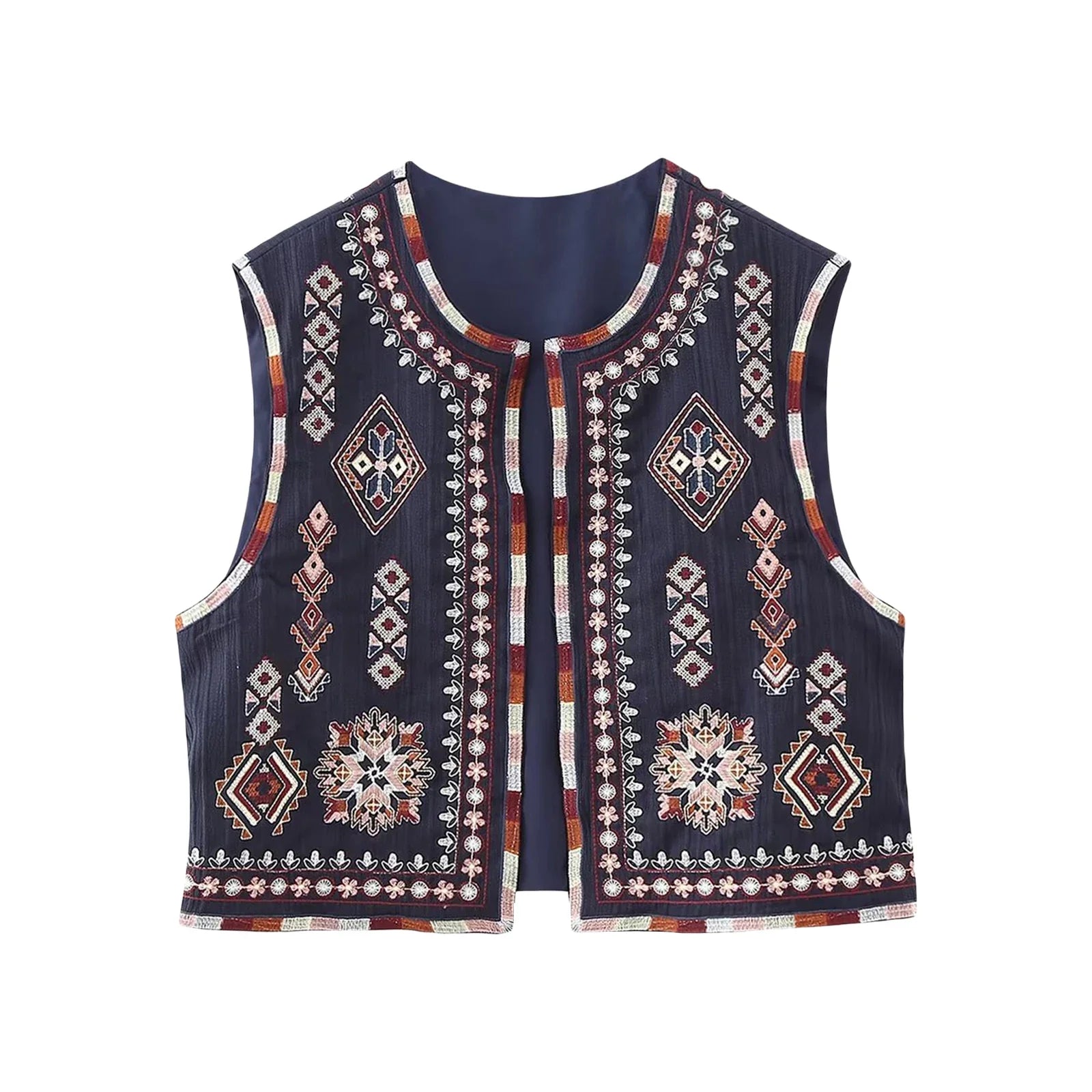 Vests- Women Boho Rhapsody Embroidered Vest Cropped Waistcoat- Navy Blue- IndioGear.com