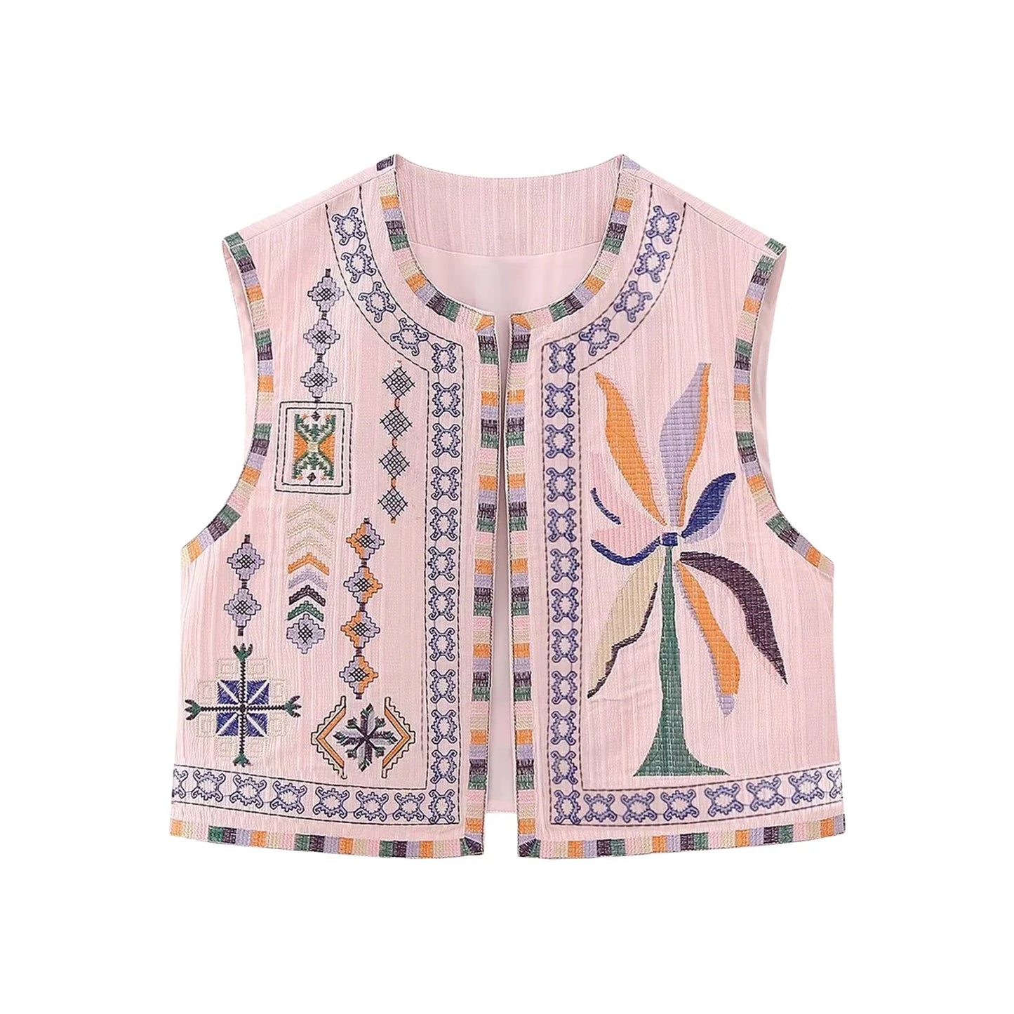 Vests- Women Boho Rhapsody Embroidered Vest Cropped Waistcoat- Pink- IndioGear.com