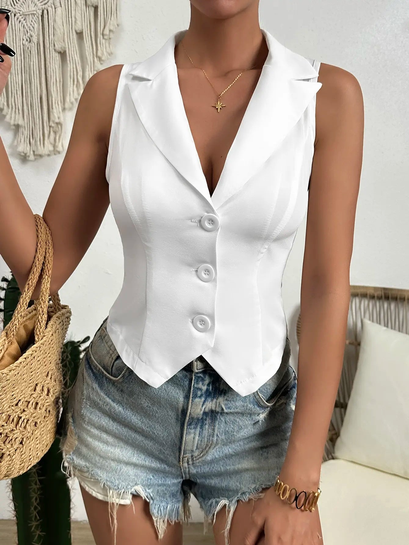 Vests- Women Tailored Single-Breasted Sleeveless Vest- White- IndioGear.com