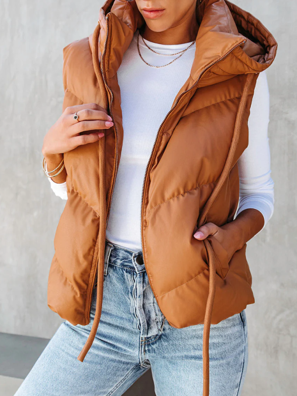 Vests- Women’s Cozy Down Zip-Up Hooded Vest for Fall & Winter- Camel- IndioGear.com