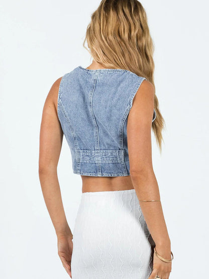 Vests- Women's Sleeveless Button-Up Crop Vest - Washed Denim Top- - IndioGear Fashion and Gear