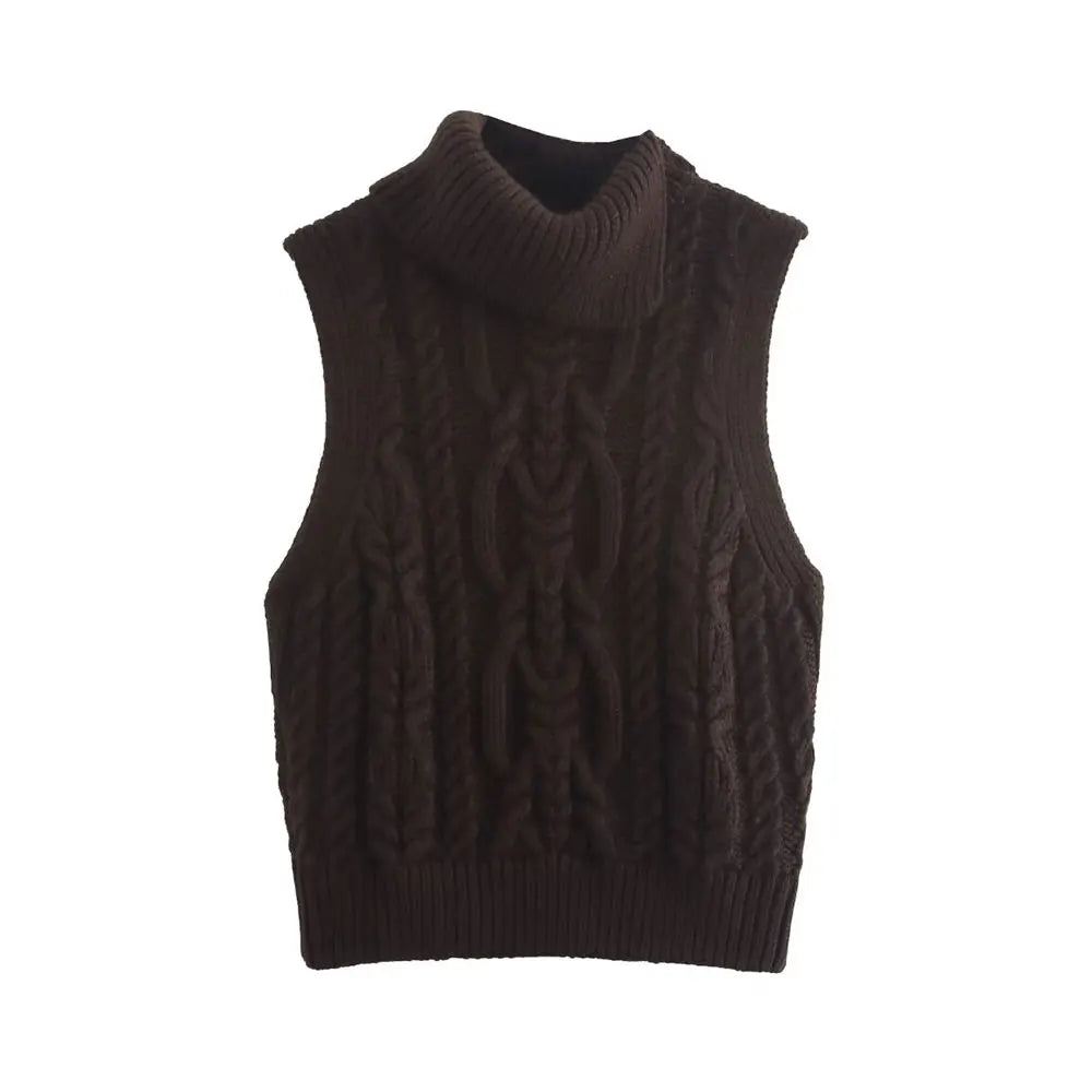 Vests- Wool Blend Vest Cable Knit Crop Sweater- Brown- IndioGear Women Clothing