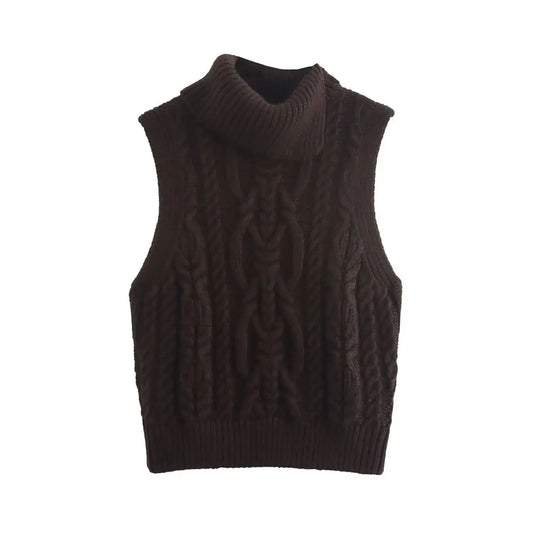 Vests- Wool Blend Vest Cable Knit Crop Sweater- Brown- IndioGear Women Clothing