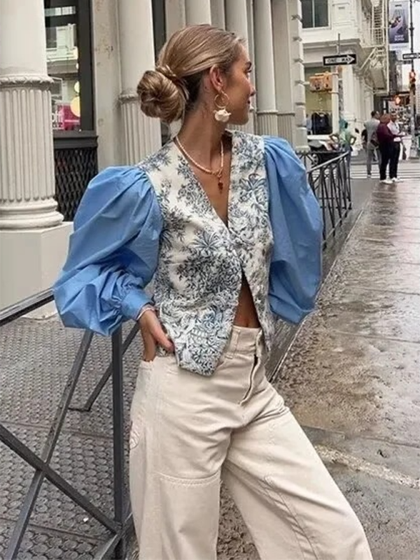 Vintage Blouses- Elegant Vintage V-Neck Blouse with Long Puff Sleeves- Blue- IndioGear.com