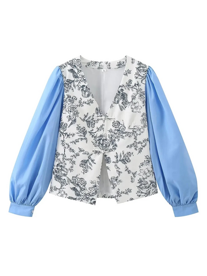 Vintage Blouses- Elegant Vintage V-Neck Blouse with Long Puff Sleeves- - IndioGear.com