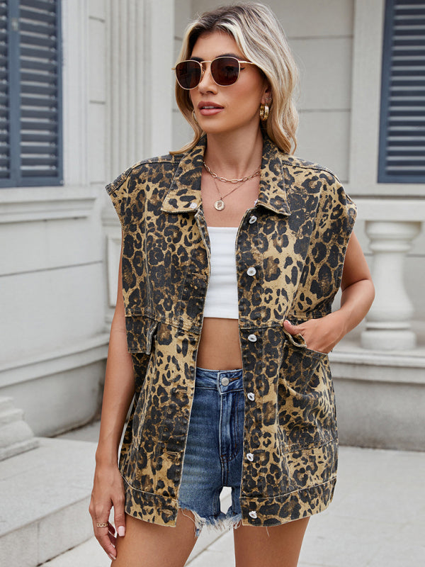 Waistcoat- Leopard Print Oversized Denim Vest Waistcoat- - IndioGear Women Clothing