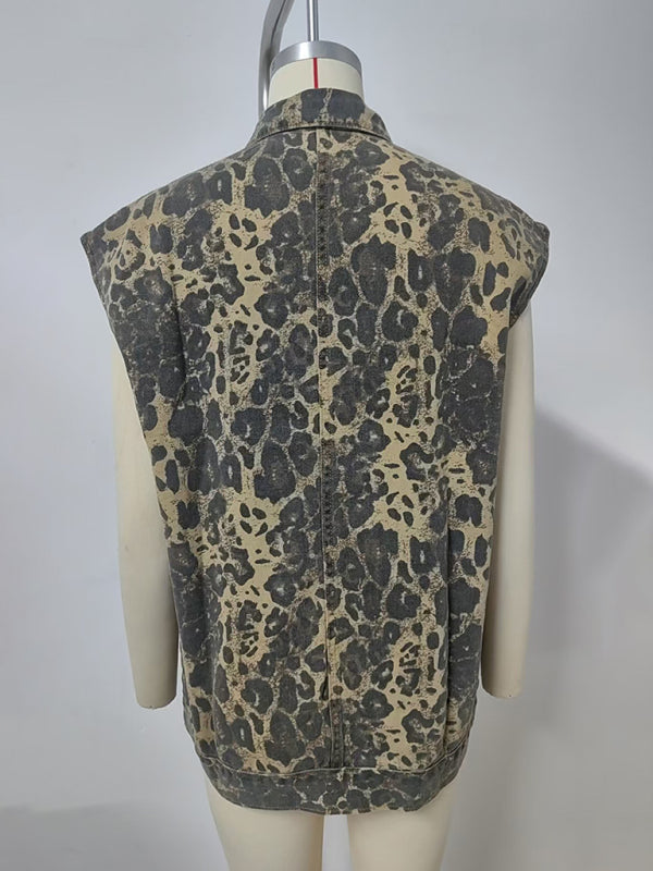 Waistcoat- Leopard Print Oversized Denim Vest Waistcoat- - IndioGear Women Clothing