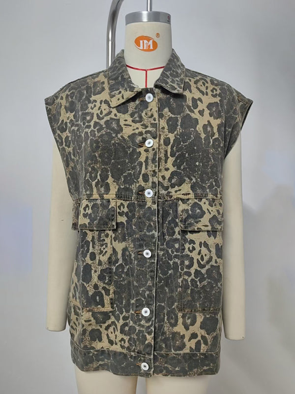 Waistcoat- Leopard Print Oversized Denim Vest Waistcoat- - IndioGear Women Clothing