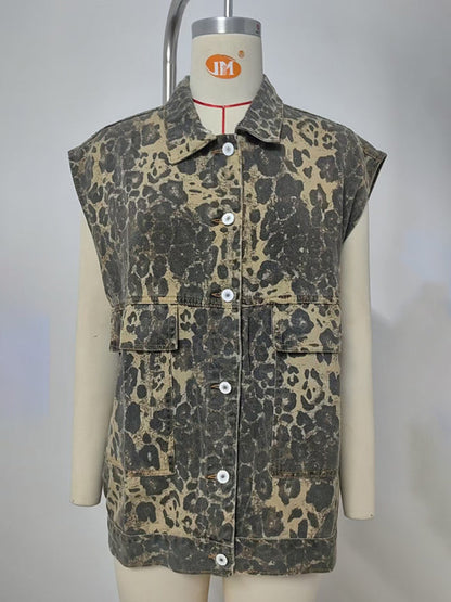 Waistcoat- Leopard Print Oversized Denim Vest Waistcoat- - IndioGear Women Clothing