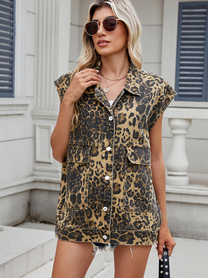 Waistcoat- Leopard Print Oversized Denim Vest Waistcoat- - IndioGear Women Clothing