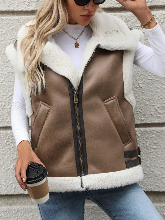 Waistcoats- Shearling-Lined Faux Leather Vest - Women Fall/Winter Waistcoat- Brown- IndioGear.com