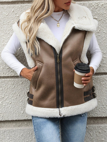 Waistcoats- Shearling-Lined Faux Leather Vest - Women Fall/Winter Waistcoat- - IndioGear.com