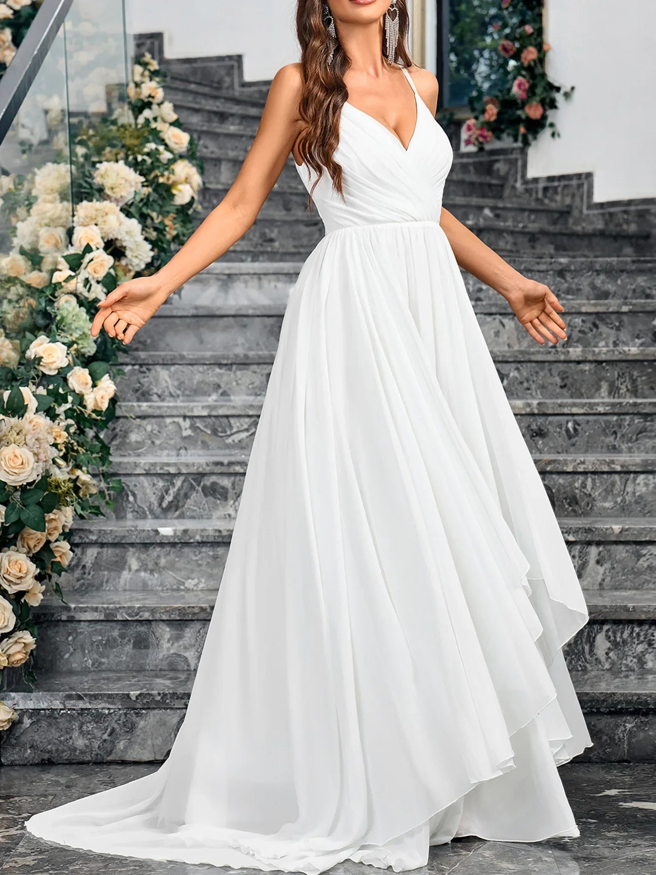 Wedding Dresses- Bridal Gown with Sweep Train Fit & Flare Wedding Dress- - IndioGear Women Clothing