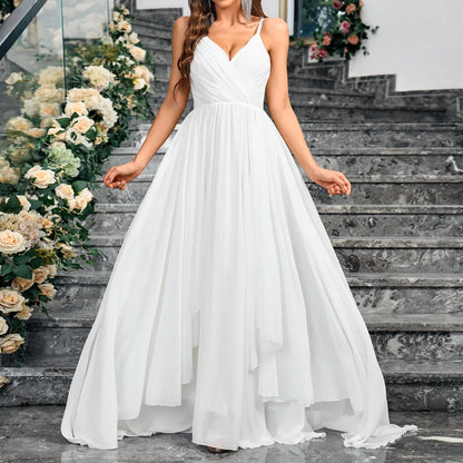 Wedding Dresses- Bridal Gown with Sweep Train Fit & Flare Wedding Dress- White- IndioGear Women Clothing